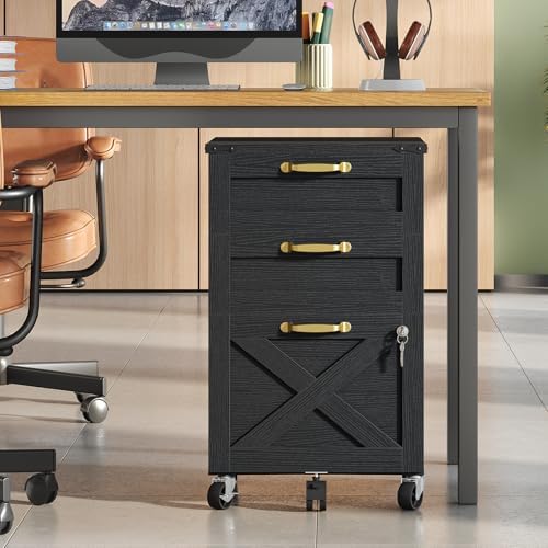 HOOBRO 3 Drawer File Cabinet with Lock, Mobile Farmhouse Filing Cabinet for A4/Letter Size, Under Desk Rolling Office Cabinet, Printer Stand with Storage for Home Office, Black BK67WJ01 - Image 2
