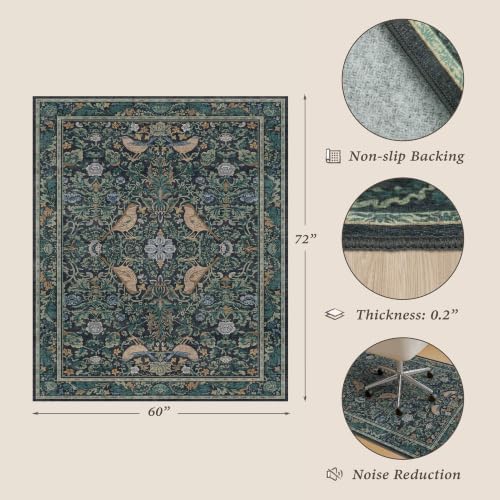 JTJ 5x6 Office Rug, Blue Botanical, Washable Non Slip - Image 2
