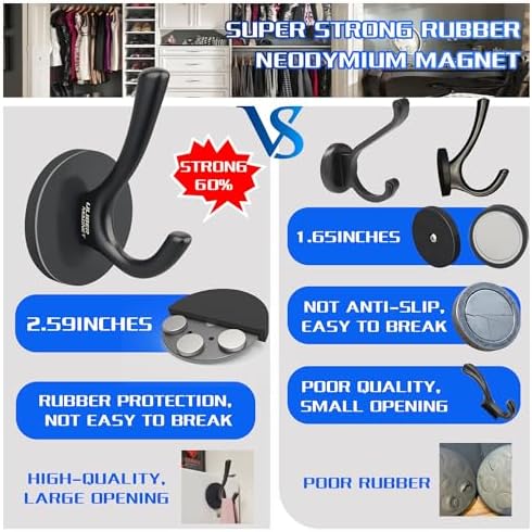 ULIBERMAGNET Strong Magnetic Double Hooks, 4 Pack Heavy Duty Sturdy Coat Magnetic Hooks, Rubber Magnets Large Hooks for Coat Robe Towel Key Hat (Black) - Image 6