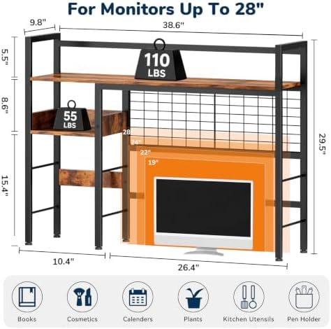 Desk Shelf, 38.6" Desk Hutch with Pegboard Hooks Set, Rustic Brown - Image 2