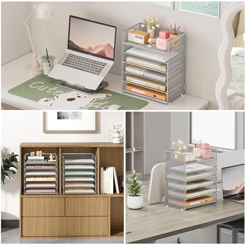 Subekyu 6 Tier Paper Organizer for Desk with Handle, Metal Mesh Desk Office File Folder Paper Letter Tray Accessories Organizer Sorter for Home, School, Office Desktop Document Organization - Silver - Image 4