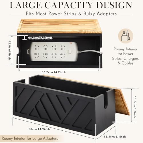 Chunful Large Wooden Cable Management Box, Geometric, Black - Image 2