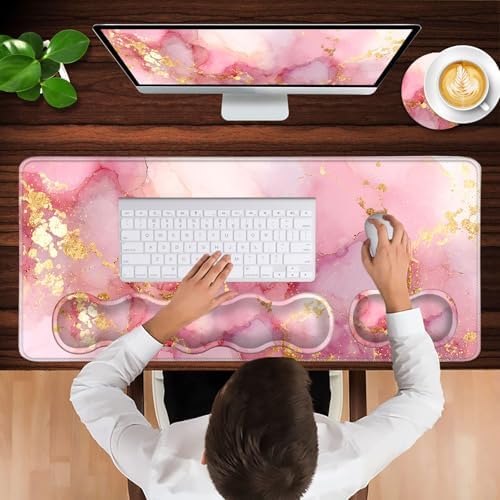 Keyboard Wrist Rest and Mouse Pad with Wrist Support Set Ergonomic Coaster,Memory Foam,Easy Typing Pain Relief,Large XL Desk Mat 31.5"x 11.8",Pink Gold Marble - Image 4