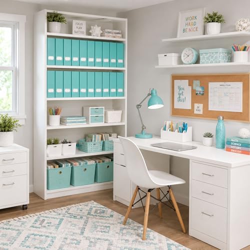 BLU MONACO Set of 6 Aqua Magazine File Holders | Foldable Magazine Storage Boxes with White Leather Label Holders | Vertical File Organizer for Desk, Shelves & Home Office - Image 2