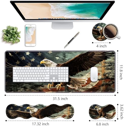 Ergonomic Keyboard Wrist Rest & Mouse Pad Wrist Rest Set,Large Gaming Desk Mat 31.5"x 11.8" with Non-Slip Base,Memory Foam,Easy Typing Pain Relief for Home & Office,Patriotic American Flag Bald Eagle - Image 2