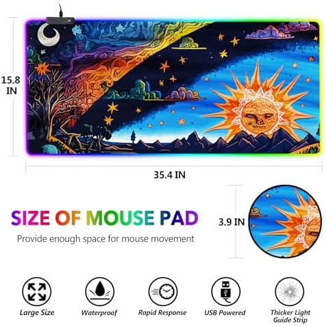AIMSA Large Gaming Mouse Pad RGB, Keyboard Led Mousepad Extended 35.4 x 15.8 inch Non-Slip Rubber Base with 14 Lighting Modes Desk Mat, Abstract Sun - Image 7