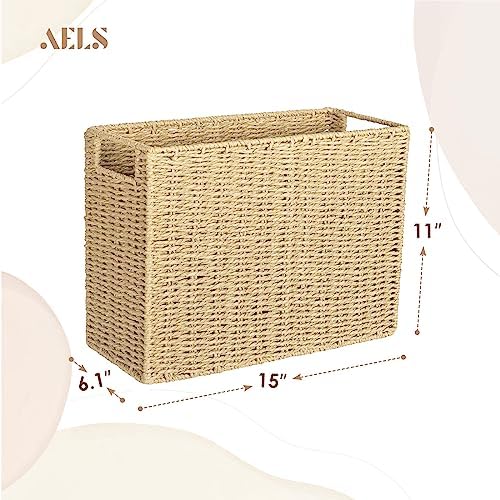 AELS Woven Natural Fibre Magazine Holder, Magazine Rack Floor, Hand-woven Magazine Organizer, Natural Paper Rope Magazine Basket with Handles, Boho Modern Farmhouse Book Basket, Newspaper Holder - Image 2