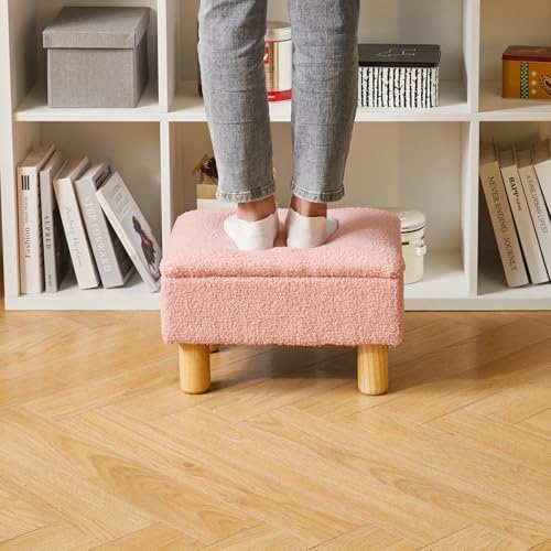 Aibiju Teddy Velvet Small Ottoman Foot Rest, Foot Stools with Storage Small, Upholstered Rectangle Wood Ottoman with Safety Hinge Flip Top, Bed Stool for Bedroom Dorm Teddy Pink YD-JD136P - Image 5