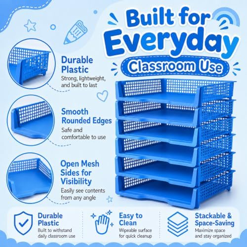 6 Pcs Blue Turn in Trays Classroom, Stackable Paper Bins for Classroom, 13x9x2.8 inch Plastic Baskets Desktop Organization System Office (Blue) - Image 3