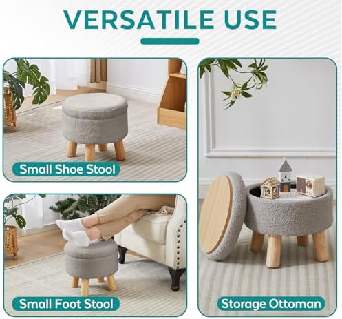 Small Foot Stool Ottoman with Storage, Sherpa Ottoman Foot Rest for Couch, Round Footstool with Storage, Small Ottomans and Footstools for Living Room and Entryway (Light Gray) - Image 5