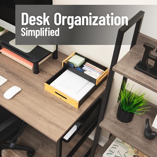 Mind Reader Metal and Wood Tiered Desktop Organizer Trays with Cutout Handles, Stackable Office Storage, Office, Entryway, Coffee Station and Home Organization, Metal and Wood, Set of 2, Black - Image 2