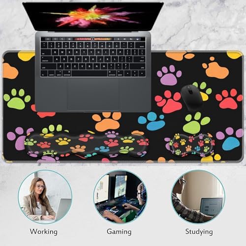 Keyboard Wrist Rest and Mouse Pad Set,31.5x11.8 Inches Desk Mat,Waterproof Non-Slip Ergonomic Wrist Support for Pain Relief,Extended Desk Protector for Office Home Gaming,Dog Paw Prints - Image 7