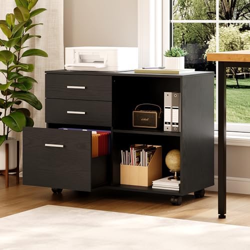 VINGLI 3 Drawer Wood Lateral File Cabinet with Adjustable Shelves & Locking Wheels, Printer Stand with Drawers for Letter Size Files, Sturdy Black File Cabinets for Home Office, Study & Business by VINGLI