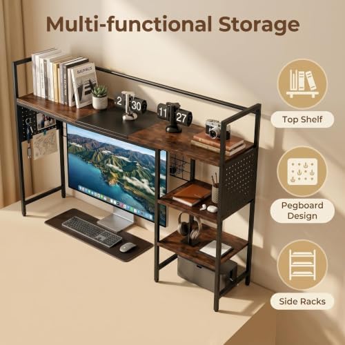 Desk Shelf Organizer with Pegboard & Hooks, Desk Hutch for Computer Monitor, Multi-Tier Wood Desktop Bookshelf Display Rack for Home Office Dorm Room (Vintage Brown, 38.6‘’) - Image 2