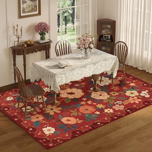 DUKINO 5x7 Area Rugs, Floral Washable Rug for Living Room Non Slip, Red - Image 4