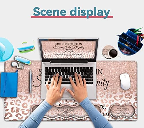 Large Mouse Pad, Office Desk Pad,Laptop Desk Table Protector Writing Mat, Ergonomic Extended Pink Leopard Mouse Pad, Keyboard Wrist Rest Support Set,Proverbs 31:25 Verse Desk Mat Gaming Mouse Pad - Image 7