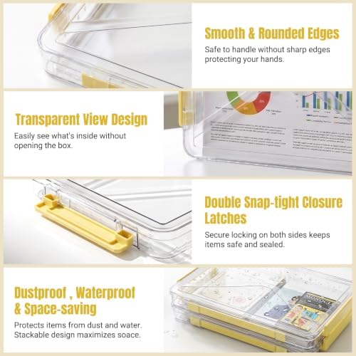 Clear Document Box, Portable A4 Paper Storage Organizer with Snap Latches, Stackable File Case for Certificates Photos Letter Size, Magazine Protector, 14.37" x 9.44" x 1.37" (2 Pack), Yellow - Image 3