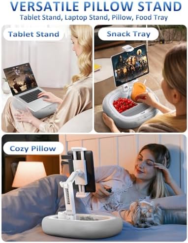 Tryone Tablet Pillow Holder & Laptop Stand : Lap Adjustable iPad Holder with Snack Bowl,Soft Plush Pillow & 360° Rotating Detachable Support Arm for 4.7-16.1 Kindle Phone Tablet Laptop (Gray) - Image 2