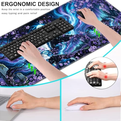 Keyboard Wrist Rest and Mouse Pad with Wrist Support Set Ergonomic Coaster,Memory Foam,Easy Typing Pain Relief,Large XL Desk Mat 31.5"x 11.8",Wolf Moon - Image 6