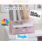 BLU MONACO | Pink Desk Organizer with Drawer | Wire Mesh Desk Organizer File Sorter | Metal Desktop Storage for Office Workspace - Image 5