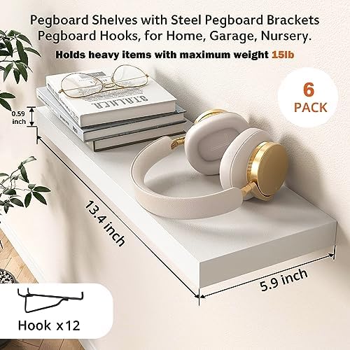 Pegboard Shelf Set - 6 Heavy Duty Peg Board Shelves & Steel Brackets, Organizer for Storage, Garage, Workbench, Craft, Office - Image 2