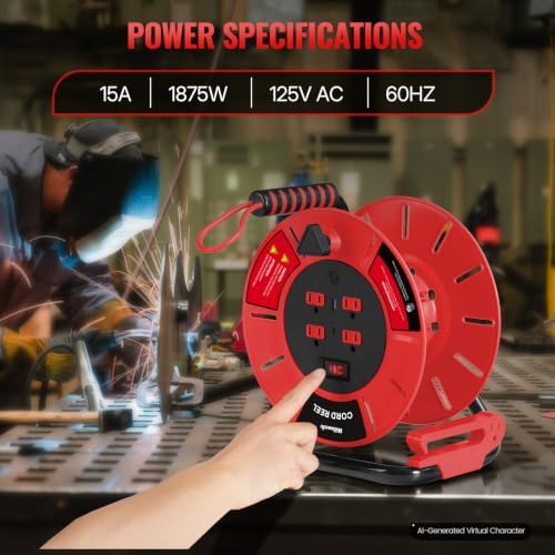 Extension Cord Storage Reel with 4-Grounded Outlet & 2 USB Port, 15A Circuit Breaker, Heavy Duty Open Cord Reel for 12/3,14/3 Gauge Power Cord, Hand Wind Retractable, ETL Listed Red R85CR06 - Image 4