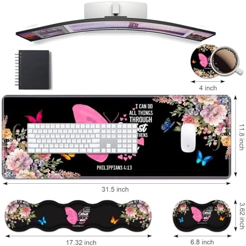 Ergonomic Keyboard Wrist Rest & Mouse Pad Wrist Rest Set, Butterfly Quote Bible Verse Philippians 4-13 Large XXL Gaming Desk Mat 31.5"x 11.8" with Non-Slip Base, Memory Foam for Home Office Study Game - Image 2