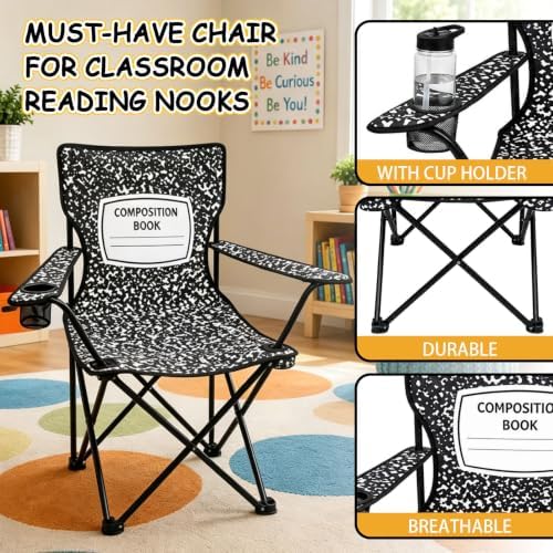 2-Pack Classroom Folding Chairs with Armrests and Cup Holders, Pencil and Notebook Designs, School-Themed Flexible Seating, Portable Reading Corner Chairs for School, Library and Study Room - Image 4