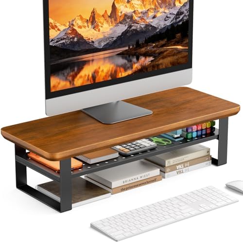 Monitor Stand Riser, 24 Inch Computer Monitor Stand for Desk, 2-Tier Wood Desk Shelf Organizer with Storage, Desktop Stand for Laptop/Screen/PC/Printer, Ergonomic Home Office Monitor Stand by NestNeatHome