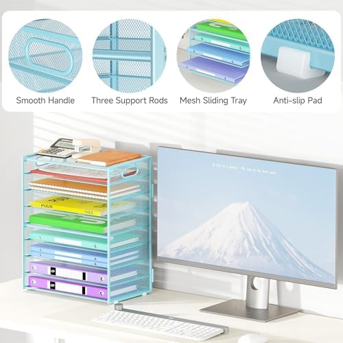 Cawukege 9 Tier Paper Organizer with Handle, Large Capacity Desk Organizer Mesh File Folder Letter Paper Tray Desktop Document Sorter for Classroom, School, and Office Accessories Organization- Blue - Image 4