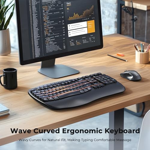 MEETION Wave Ergonomic Keyboard and Mouse Combo with Wrist Rest, Black - Image 2