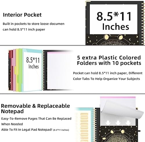 Ospelelf Clipboard with Storage 8.5 X 11，Padfolio Organizer, Spiral Portfolio Letter Size with Notepad, Pen Holder, 5 Extra Folder Divider Pages, Elastic Closure Nurse Office Essentials (Moon) - Image 3