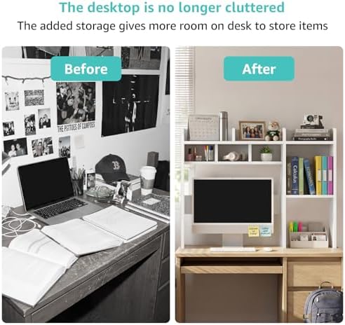 NUTIKAS Desk Hutch White Desktop Bookshelf Shelf - 37 Inch Computer Desk Organizer for Dorm Room, Wood Storage Rack for Home Office Desktop Display Shelves, Small Bookcase for Top of Desk - Image 5
