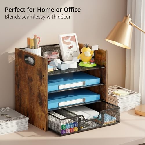 Desk Organizer - 4 Tier Desktop File Organizer with Drawer, Wooden Paper Tray Organizer, Office Desk Accessories Organizer for Papers, Mail, Notebooks, Stationery - Image 4
