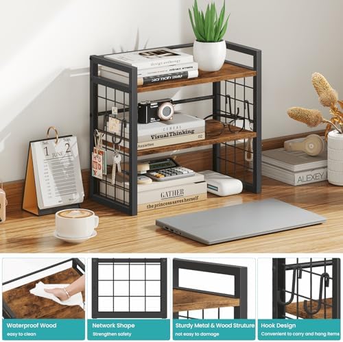 ELITEROO Desktop Shelf Organizer, 2 Tier Wood Desk Bookshelf, Rustic Brown - Image 4