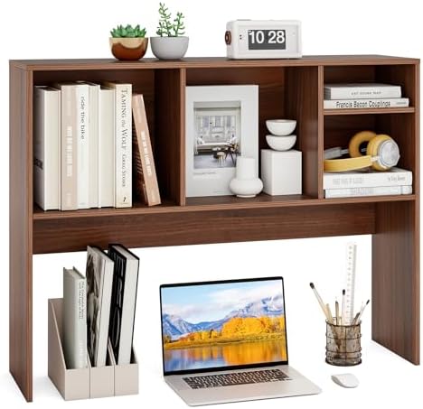 GOFLAME 4 Cubes Desktop Bookshelf, 37” Tabletop Wood Desk Shelf for Computer Monitor, Modern Countertop Desk Display Hutch Storage Organizer Shelf for Home Office, Dorm, Study, Walnut by GOFLAME