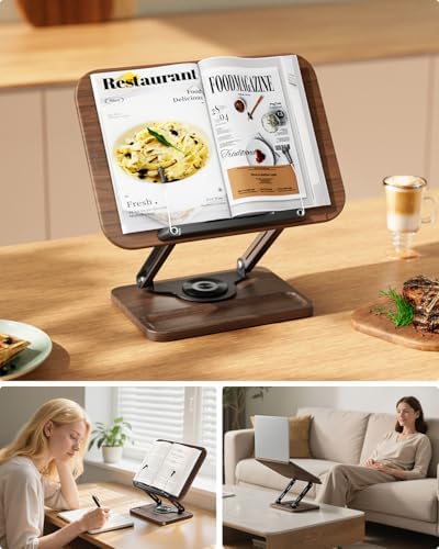 Viozon Book Stand for Reading, Book Holder 360° Rotating Base with Pen Slot, Foldable Reading Display Stand with Elastic Page Clips for Cookbook, Recipe, Textbook, Tablet, Laptop - Image 4