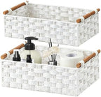 Vagusicc Wicker Storage Basket, Set of 2 Hand-Woven Paper Rope Wicker Basket for Organizing with Handle Decorative Storage Bins for Counter Pantry Shelves Toilet Paper Basket for Toilet Tank Top,White by Vagusicc