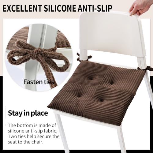 Office Stacking Chair Cushions 4 Pack, Corduroy High Density Foam Kitchen Seat Cushions with Ties, Square 17" x 17" Indoor Non-Slip Dining Chair Pads, Brown, 4pcs - Image 5