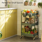 Nunsino 3 Tier Rolling Cart,Utility Cart with Locking Wheels, Hanging Cups,&Hooks, Heavy Duty Metal Storage Organizer Cart for Kitchen,Office, Bathroom,Craft Room,Green - Image 2