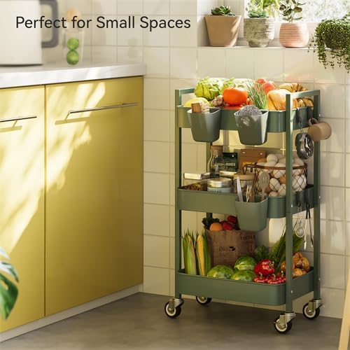 Nunsino 3 Tier Rolling Cart,Utility Cart with Locking Wheels, Hanging Cups,&Hooks, Heavy Duty Metal Storage Organizer Cart for Kitchen,Office, Bathroom,Craft Room,Green - Image 2