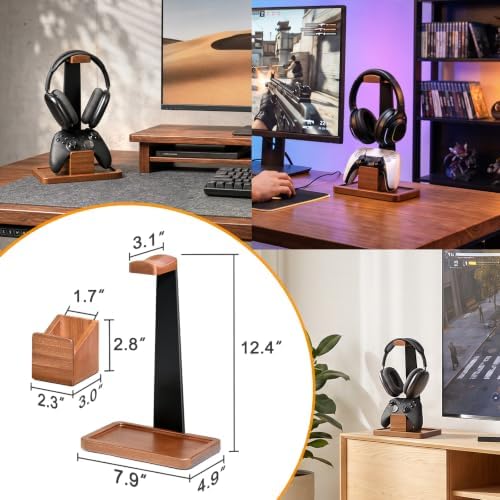 Solid Wood Metal Headphone Stand with Modular Controller Holder for Desk - Image 7