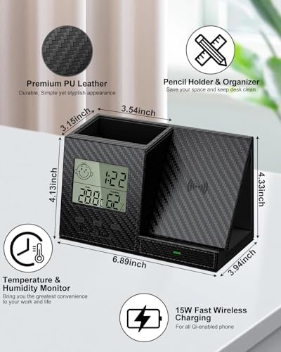 Pen Holder for Desk, Desk Organizer with Wireless Charger, Built in Digital Indoor Thermometer and Humidity Monitor, Multi-Functional Pencil Organizer for Home Office, Black Carbon Fiber - Image 5