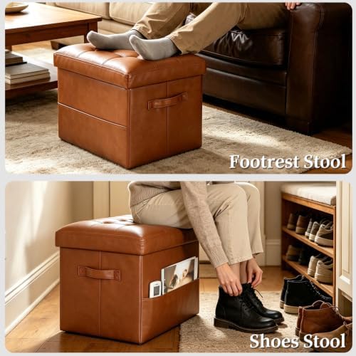 Storage Ottoman, Small Folding Foot Stools Ottoman for Dorm, Light Brown - Image 3