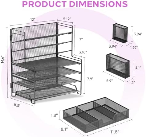 7-Tier Desk Organizer with 3 Pen Holders, Metal Letter Tray, Black - Image 2