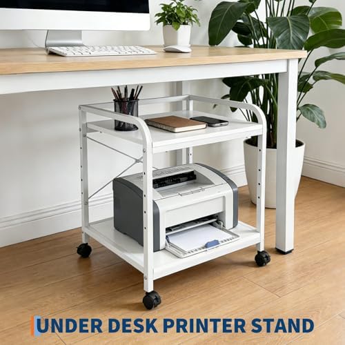 GarveeHome Under Desk Printer Stand, 20" Deep Large Printer Table with Height Adjustable Storage Shelf, 2 Tier Rolling Printer Cart with Wheels for Home Office, White - Image 3