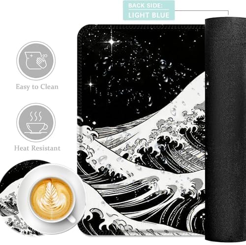 Keyboard Mouse Pad Set, Extended Gaming Mouse Pad+Ergonomics Keyboard Wrist Rest Support, Memory Foam, Easy Typing Pain Relief, 4Pcs XL Ultra Thick Desk Mat,Black and White Great Wave - Image 2