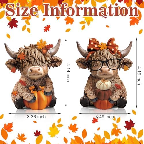 Karenhi 2 Pcs Fall Highland Cow Figurines Resin, Autumn Tabletop Decor - Image 4