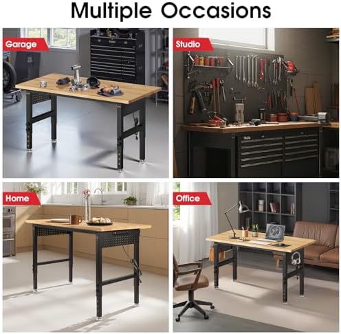 60” Heavy Duty Workbench, 2000 LBS Load Capacity Rubber Wood Work Table with Power Outlets, Pegboard, Work Bench for Garage, Office, Home, Workshop, Commercial - Image 7