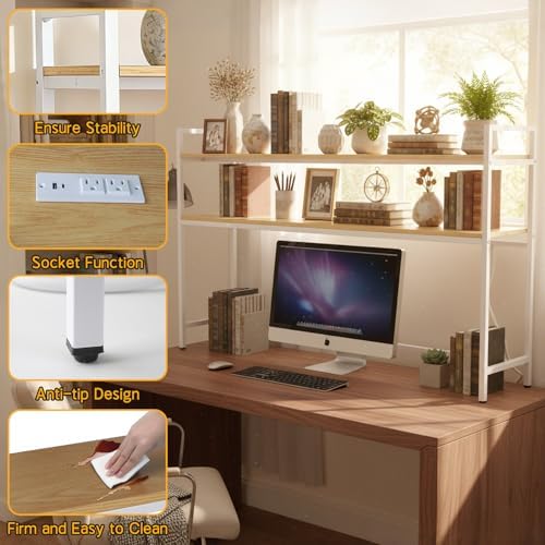 38.5" Desk Shelf with Outlets, 2-Tier Adjustable Multipurpose Engineered Wood Organizer Desk Hutch, Office Storage Rack, Desktop Shelf Organizer for Dorm,Office Home(Nature) - Image 7